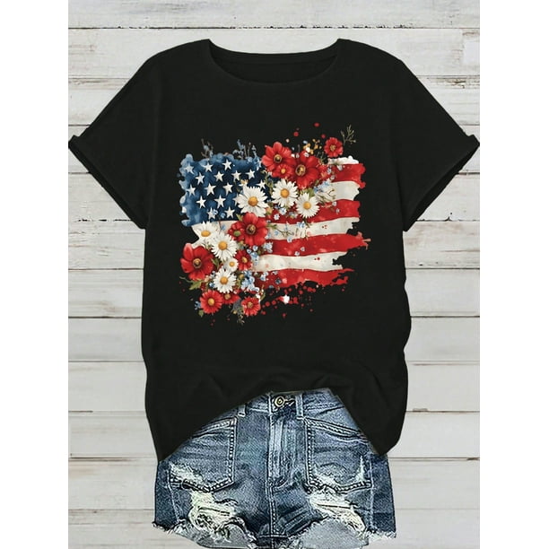 Women's Top, Casual T-Shirt, Fashion, Casual, Independence Day, National Flag, Sunflower Print, Round Neck, Short Sleeved Top, T-Shirt,