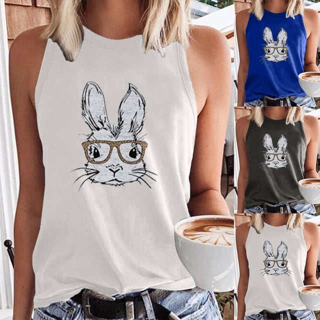T-Shirt Sans Manches Imprimé Décontracté Col Rond Été de Pâques pour Femmes, Grande Taille en Solde