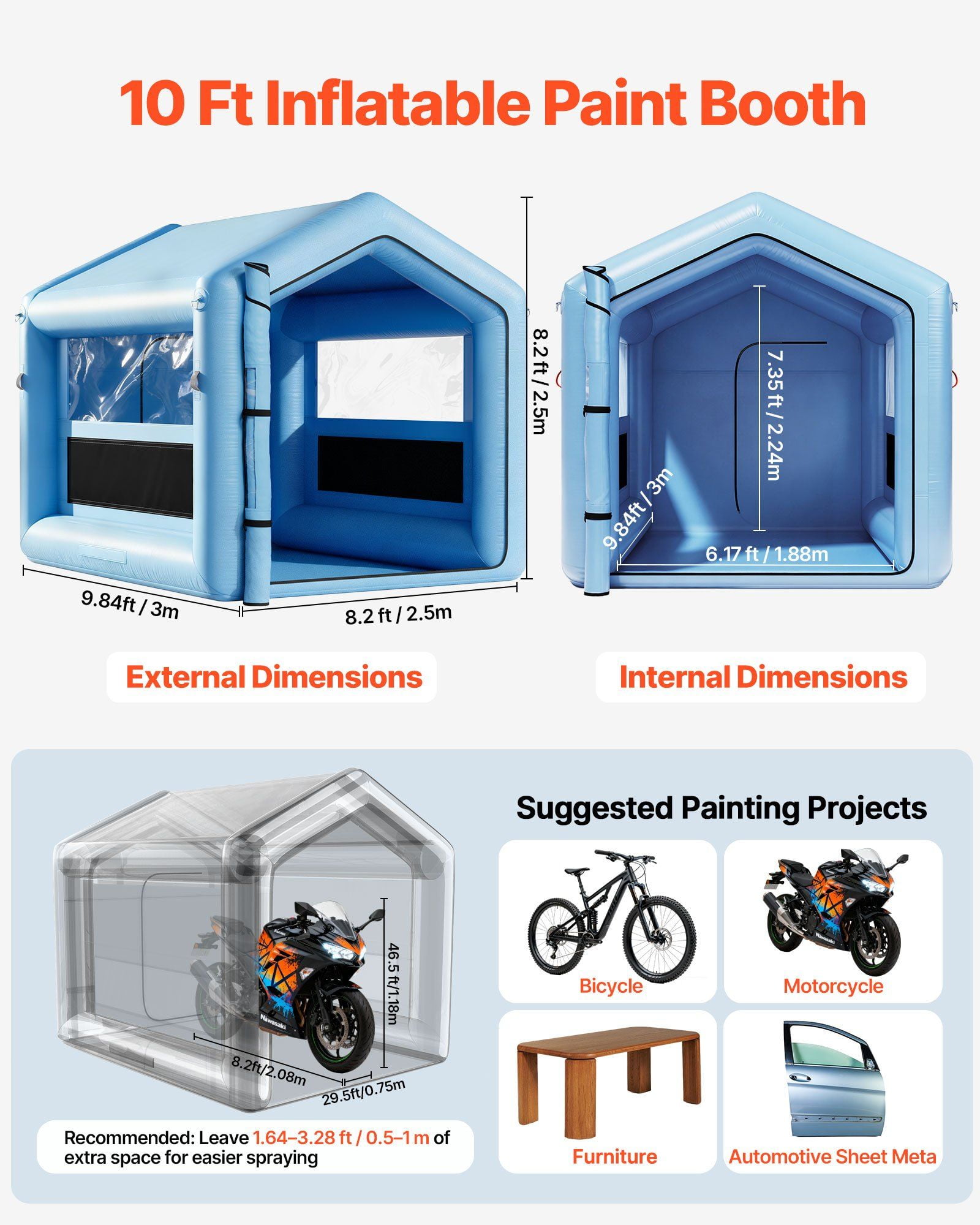 Inflatable Paint Booth 9.84x8.2x8.2ft with 550W Blower Air Filter System Triangular Roof for Bicycle Motorcycle Automotive Painting