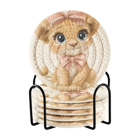 

Cute Little Girl Lion Drink Coasters with Holder Absorbent Coaster for Coffee Table Room Decor 6 Pack