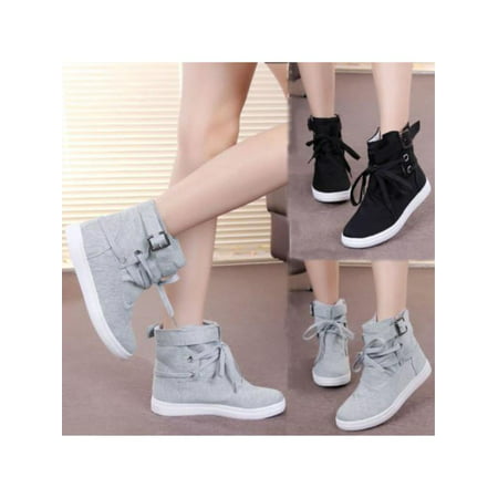 Womens Casual Buckle Strap Hiking Flats Lace Up High Top Sports Sneakers