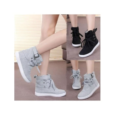 Top Hiking Shoes - Womens Casual Buckle Strap Hiking Flats Lace Up High Top Sports Sneakers Shoes