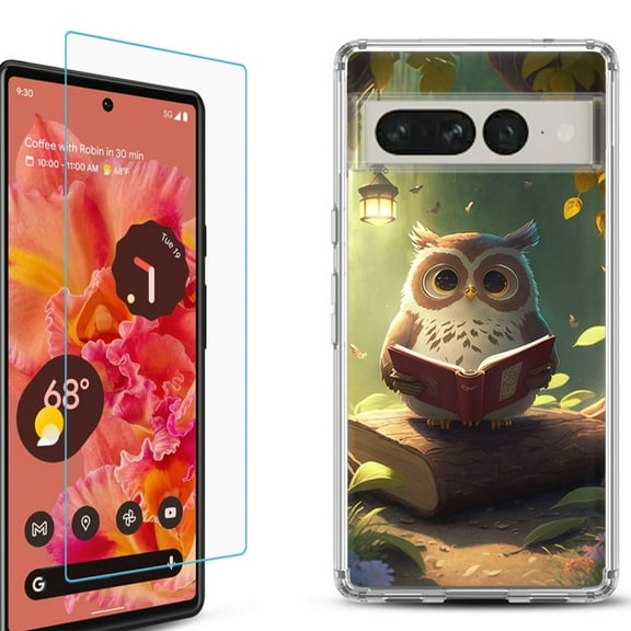 Shockproof Bumper Phone Case for Google Pixel 7, with Tempered Glass Screen Protector, by OneToughShield ® - Owl Reading