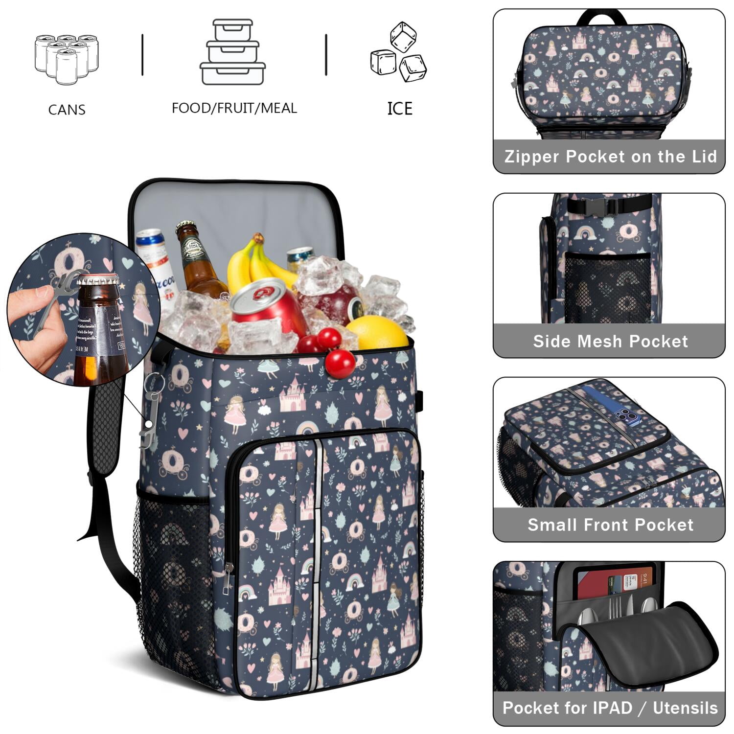 Travel Cooler Bag - Navy Princess Castle Pattern Camping Beer Cooler Backpack with Bottle Opener- Waterproof Insulated Picnic Backpacks - Cooler Bag for Beach