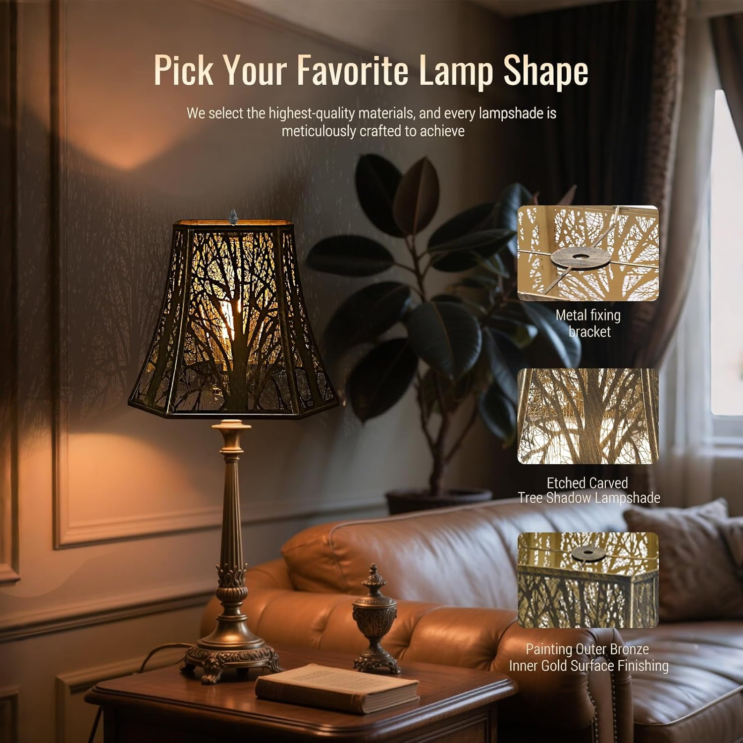 Square Cut Corner Metal Lamp Shades For Table Lamp, SWAIFDEE Medium Bell Lampshade For Floor Lamp Shade(Spider Fitter) 7" x 12"x 10.5" H , Bronze Gold Tree Pattern