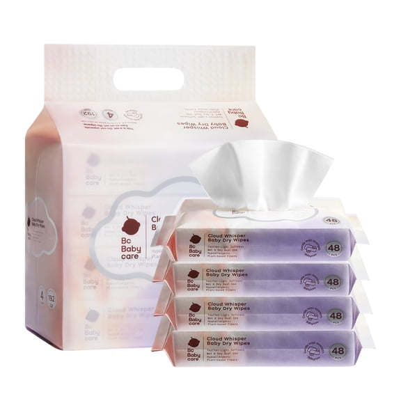 Bc Babycare Dry Wipes for Adults and Babies, Soft, Hypoallergenic,Dual-Use Total 192ct (48ct,4 Pack)
