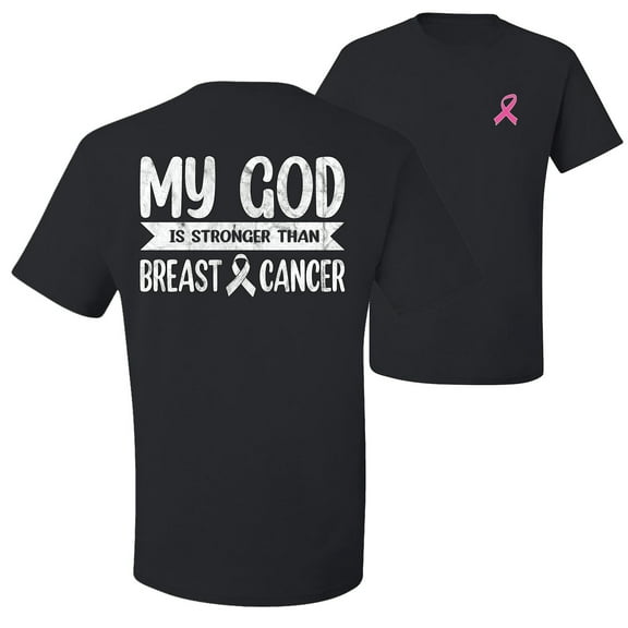 Wild Bobby My God Is Stronger Than Breast Cancer White Distressed Breast Cancer Awareness Front and Back Men's T-Shirt, Black, Small
