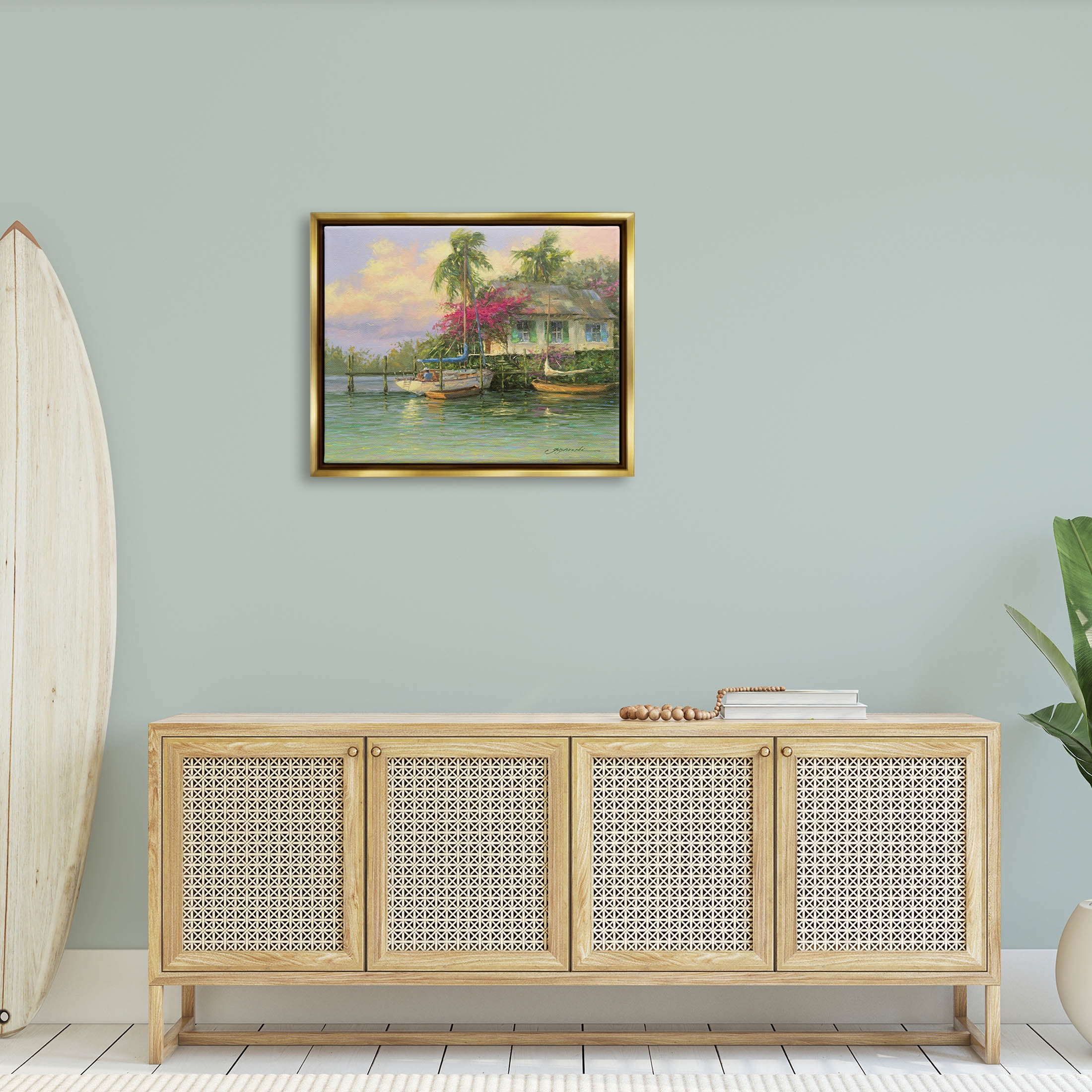 Tropical Vacation Seaside House Landscape Painting Metallic Gold Framed Art Print Wall Art