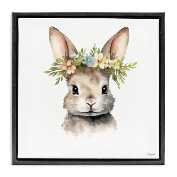 Stupell Industries Cottage Woodland Rabbit Flower Crown Black Floating Frame Canvas Art, 18 x 18, by Roozbeh