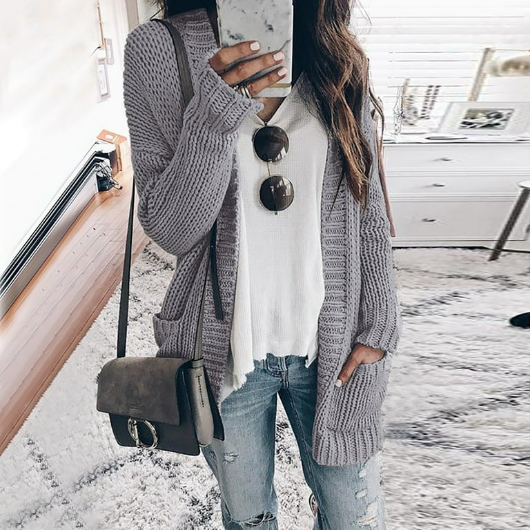 Women Long Sweater Cardigan Solid Color Knitted Hooded Sweaters Thick Open  Front Long Overcoat