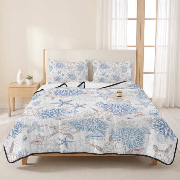 3 Piece Summer Bed Quilt Set King Size,Watercolors Sea Turtles Corals Nuts Lightweight Bedspread Coverlet with 2 Pillowcases Summer Sea Stars Soft Comforter Bedding Quilts for All Season