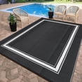 thumbnail image 2 of HIWEAVER 8' x 10' Black/White Outdoor Rug PP Plastic Straw Woven Waterproof Patio Rug with Border Portable Outside Carpet for Balcony Deck Picnic Garden Decor, 2 of 8