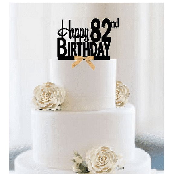 Item#082CTGR - Happy 82nd Birthday Elegant Cake Decoration Topper with Gold Bow