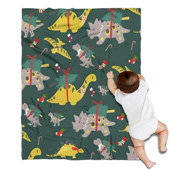 Green Dinosaurs ChristmasTrees Socks Pattern Blanket,Comfortable Soft Flannel Throw Blanket,All Season,Warm Lightweight Blankets for Sofa Bed Couch Living Room Chair,30"x40"