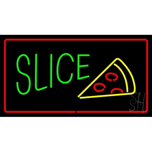 Green Slice Logo Red Border LED Neon Sign 20 x 37 - inches, Black Square Cut Acrylic Backing, with Dimmer - Bright and Premium built indoor LED Neon Sign for restaurant window and interior decor.