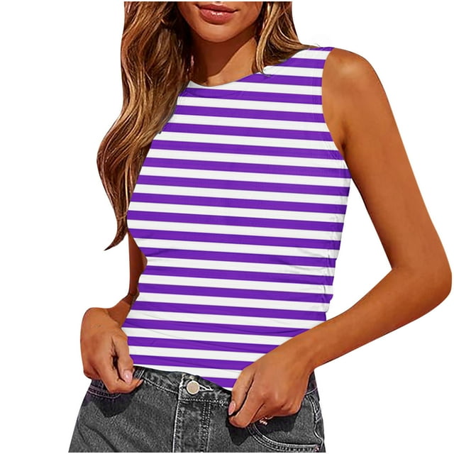 Plebaso Débardeurs Rayés Slim pour Femmes Sans Manches Col Rond Blouses Froncées Été Décontracté Basique Tee Tops