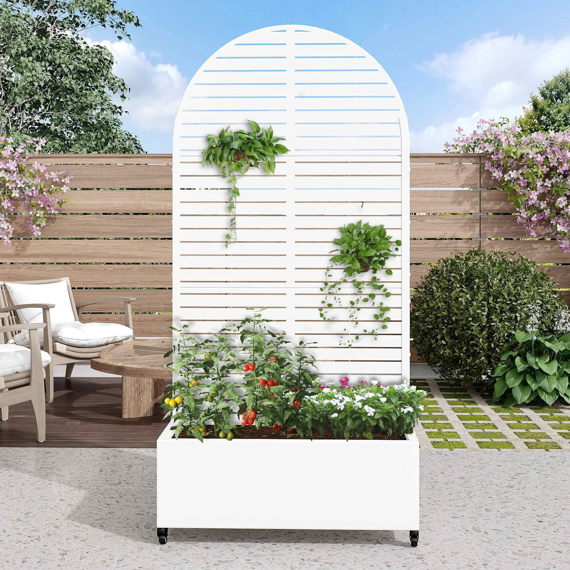MAYEERTY 72x35x16 Inch White Metal Arched Planter Box with Trellis for Outdoor Garden & Patio