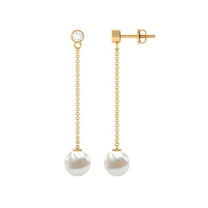 Rosec Jewels Freshwater Pearl and Diamond Earrings for Women, Pearl Long Chain Drop Earrings, 18K Yellow Gold