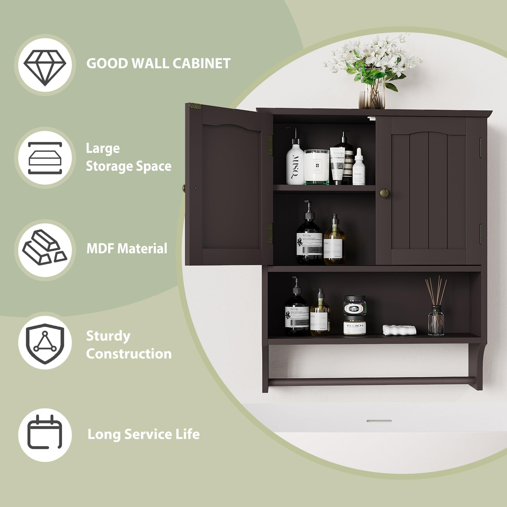 Smuxee Bathroom Storage Cabinets with Doors and Shelves,Towel Bar,over The Toilet Storage,Brown Big