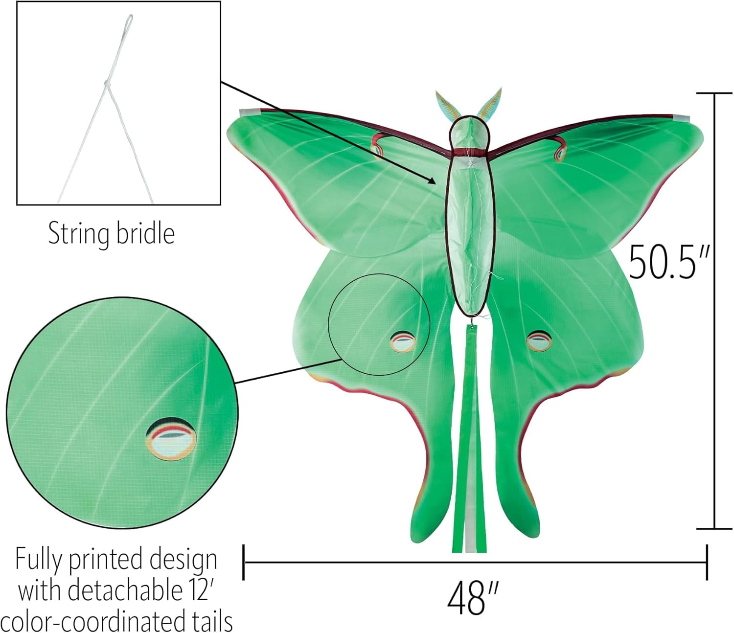 In the Breeze 3398 — Luna Moth Kite — Colorful Easy-Flying Kite with Color-Coordinated Tails, Kite Line Included
