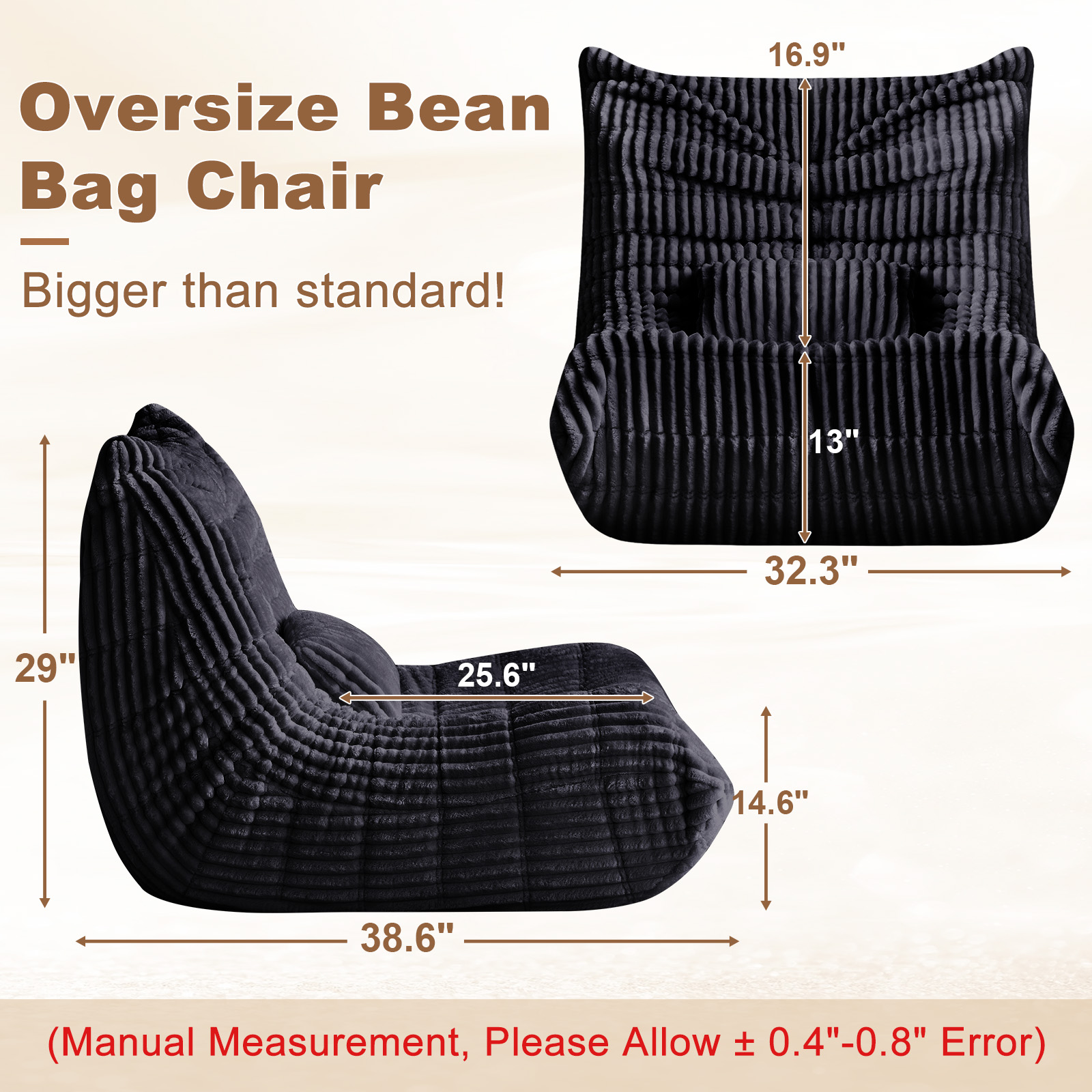 Bean Bag Chair for Adults with Lumbar support pillow, Memory Foam Giant Bean Bag Sofa with Corduroy Material Lazy Sofa for Living Room Bedroom Dorm Office, Black