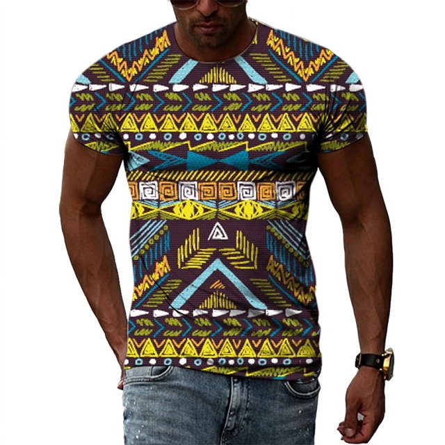 T-shirts d'Été Unisexes à Motifs Ethniques Colorés pour Hommes, Tendance Mode 3D, Col Rond Imprimé, Manches Courtes