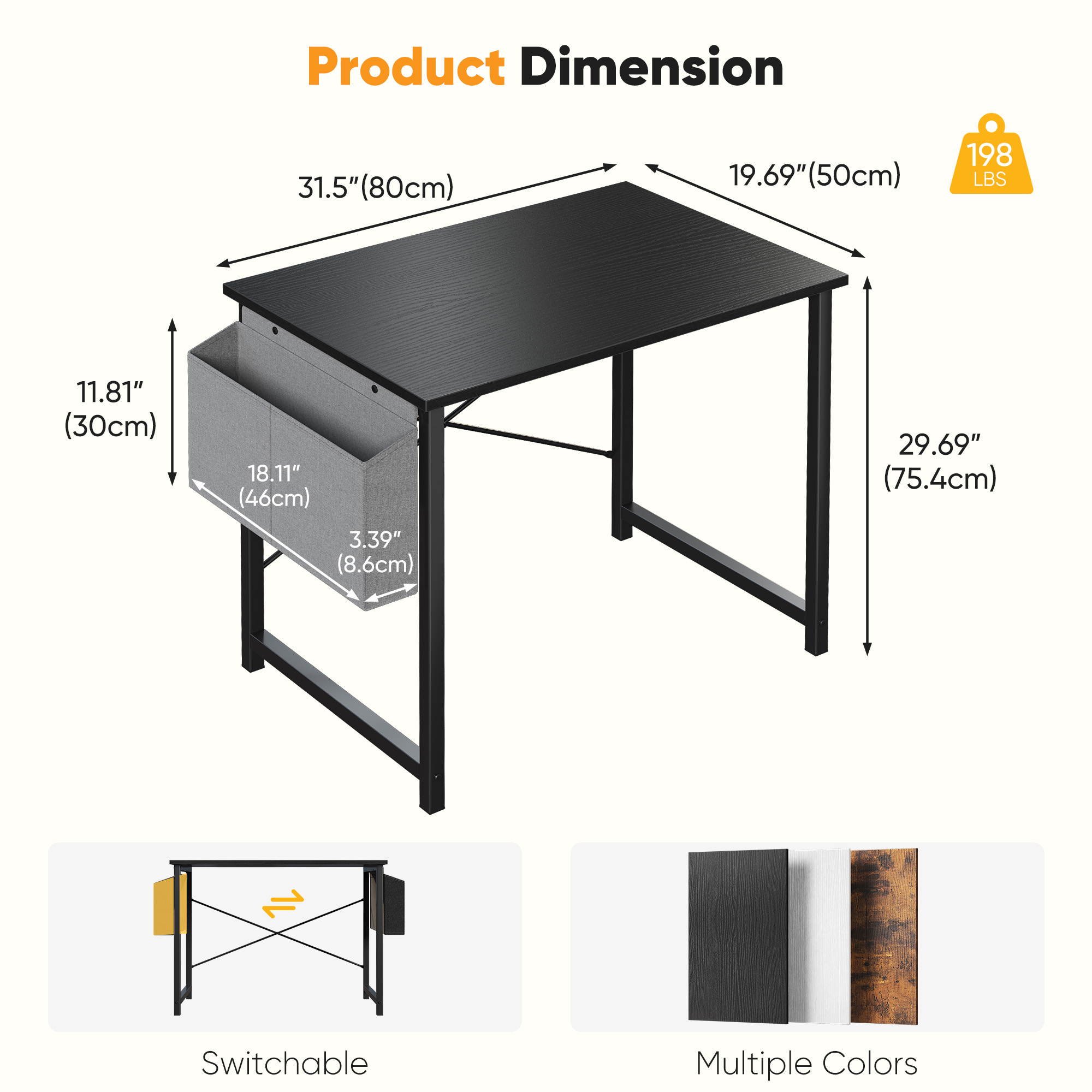 JIOABL 31 inch Computer Desk with Metal Frame and Storage Pouch, Fixed Leg Study Table for Bedroom Office, Black