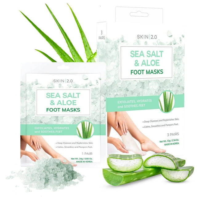 Skin 2.0 Mascarillas para pies con sal marina y aloe Calcetines hidratantes - Tratamiento de talón agrietado Calmante e hidrata profundamente Mascarilla exfoliante para pies - Cuidado de la piel corea