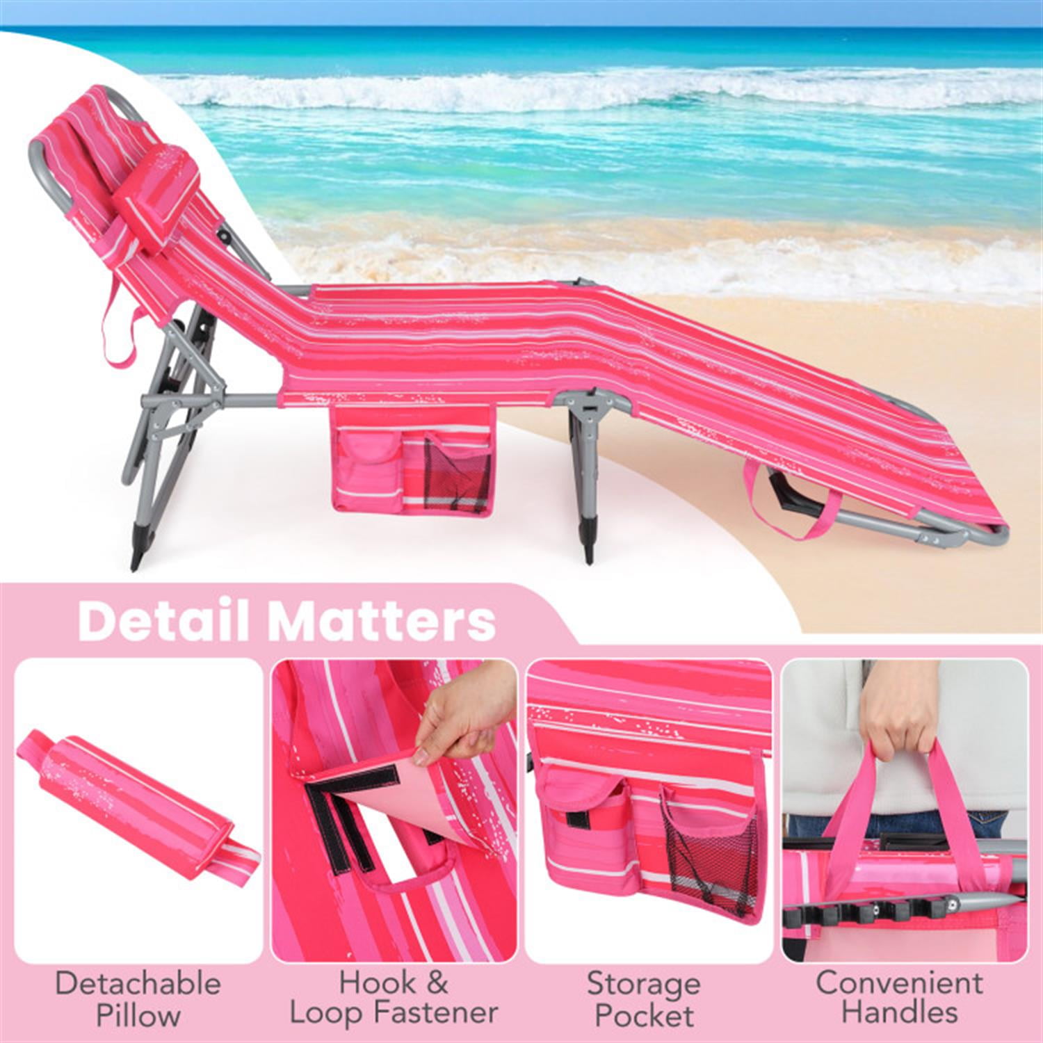Demi Bonn Patio Folding Beach Lounge Chair with Pillow for Outdoor Pool, Sunbathing and Reading on Stomach, Pink