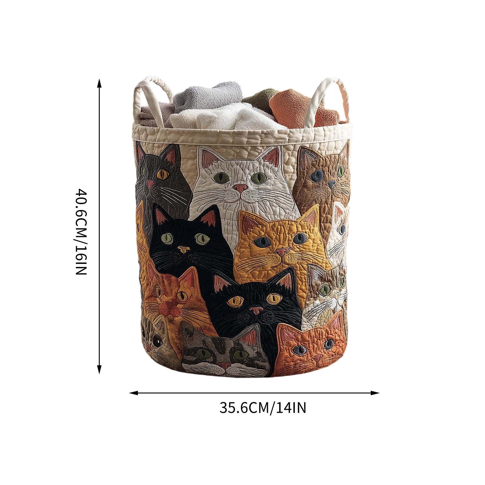 VAIFTILNO Embroidered Cute Cat Laundry Basket, 20x28in Soft Quilted Fabric Storage Bucket, Collapsible Foldable Hamper with Sturdy Handles, for Bedroom, Bathroom, Bachelor