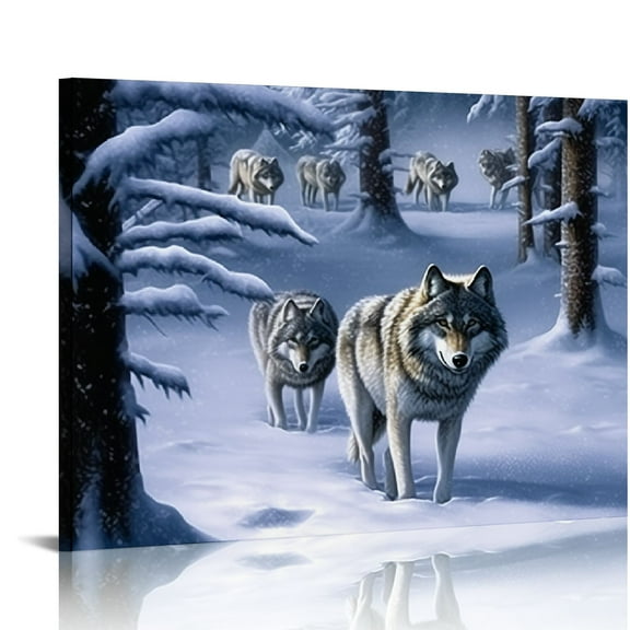 COMIO Winter Wolf Canvas Prints Wall Art Paintings Blue Snowy Forest Landscape Pictures Artwork for Living Room Bedroom Bathroom Wall Décor