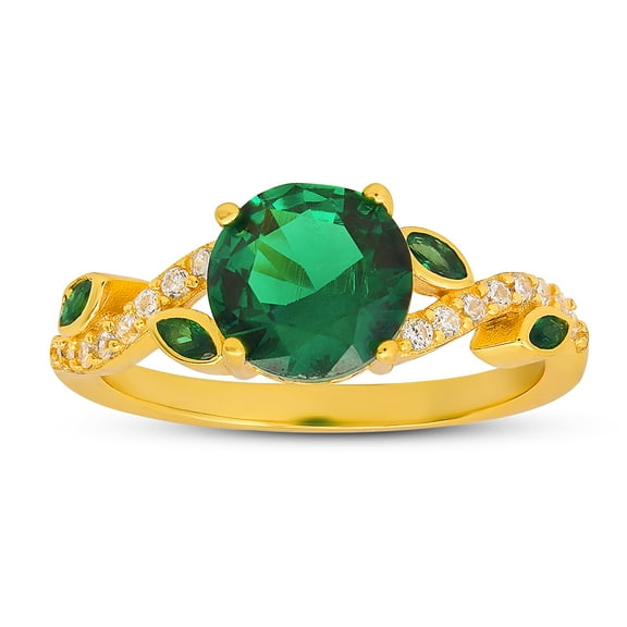 14k Gold Over Silver Emerald CZ Floral Ring