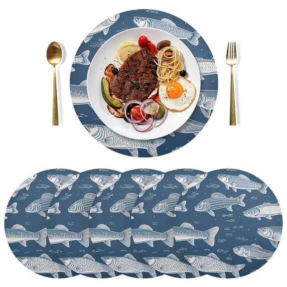 Fish Blue Black Round Placemats Plate Mats 15 Inch Non-Slip Heat Resistant Washable PVC Set Indoor for Kitchen Dining Table 1PC