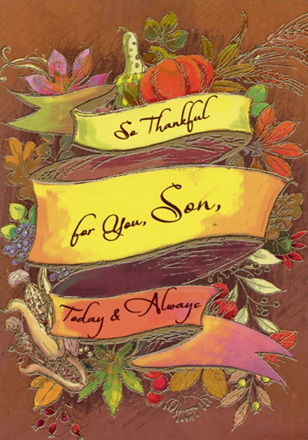 Designer Greetings Yellow Banner, Pumpkins, Flowers, Corn on Light Brown Thanksgiving Card for Son