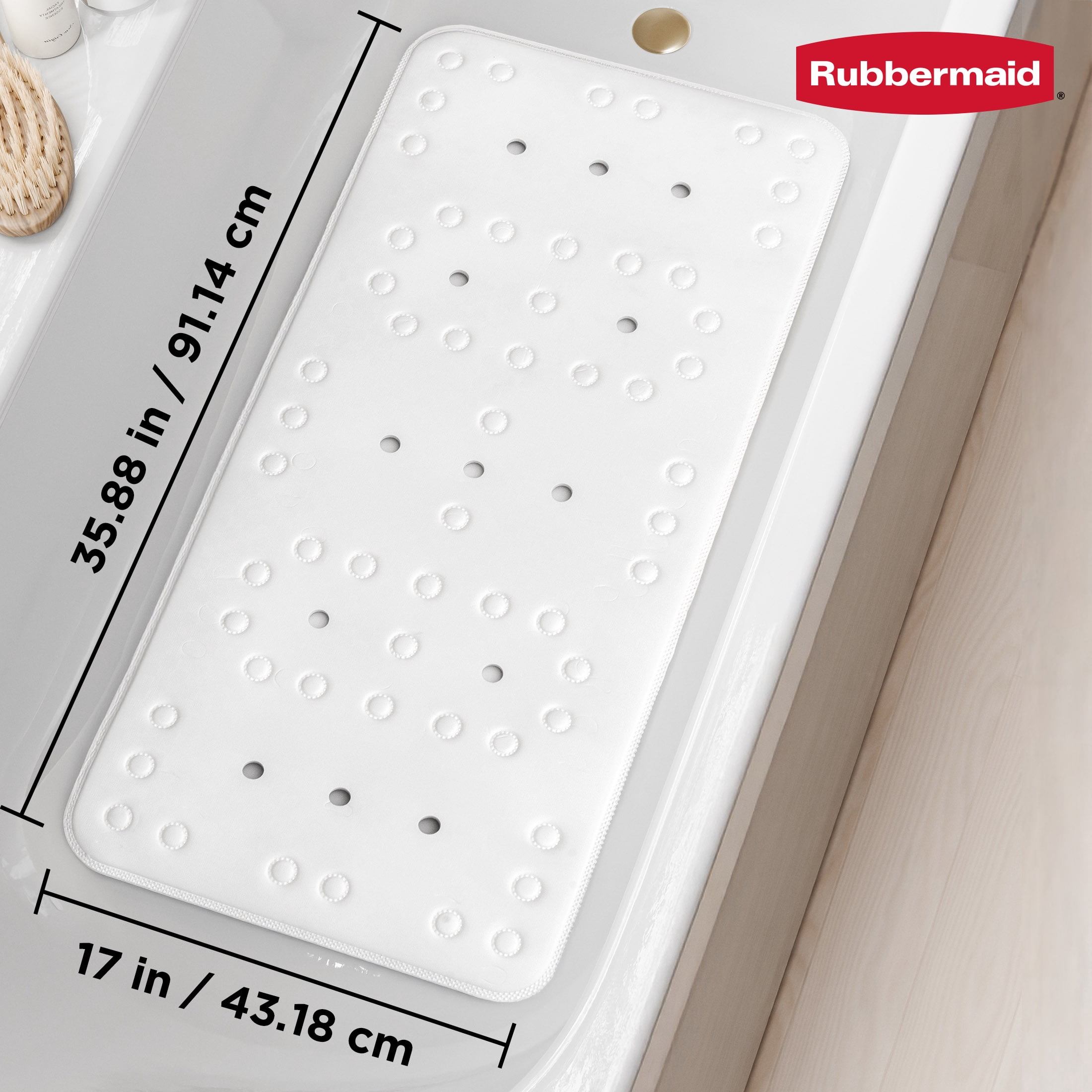 Rubbermaid Soft Foam Tub Mat, Non-Slip Bath Mat with Quick-Drain Holes, BPA-Free TPE, 35.88" x 17", White