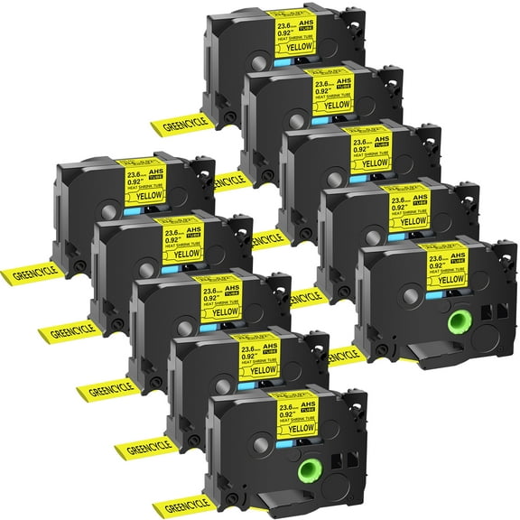 GREENCYCLE 10PK Compatible for Brother P-touch HSE-651 HS-651 HSe651 HS651 23.6mm 0.92" Black on Yellow Heat-shrink Label Tape