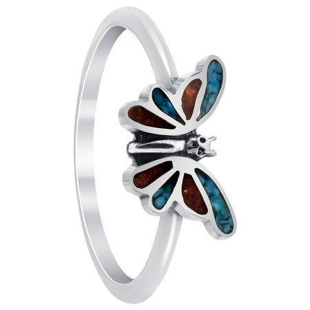 - Gem Avenue 925 Sterling Silver Turquoise Coral Gemstone Butterfly Ring Southwestern Style