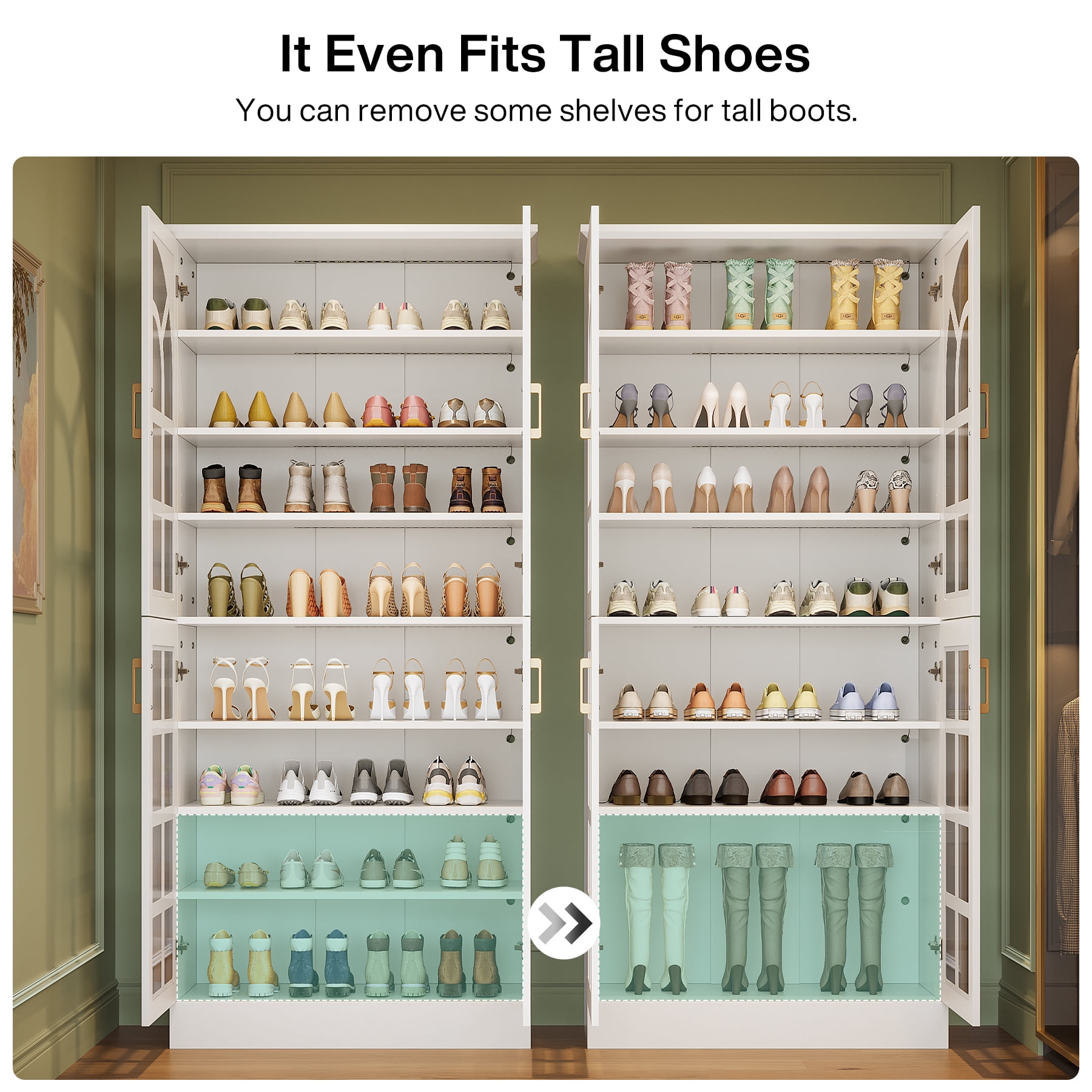 Tribesigns 8-Tier Shoe Cabinet with Doors and Led Lights, 76" Tall Shoe Rack Organizer with Adjustable Shelves for Entryway, Closet, Living Room, White