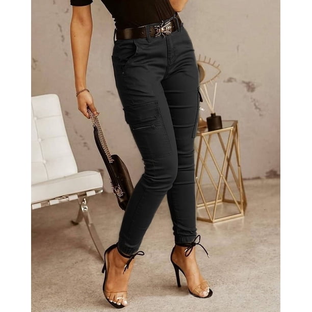 Pantalones ajustados de cintura baja con botones y bolsillos de color liso para mujeres europeas y americanas