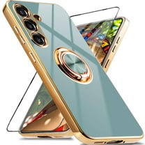 Dteck for Samsung Galaxy S24 Plus Case with Screen Protector, Built-in 360° Rotation Ring Holder Magnetic Stand, Luxury Shiny Plating Edge Shockproof Electroplated Protective Cover,Gray