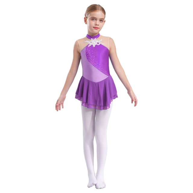 Oyolan Robe de Patinage Artistique Sans Manches à Paillettes en Maille pour Filles avec Strass et Fleurs, Violet 8