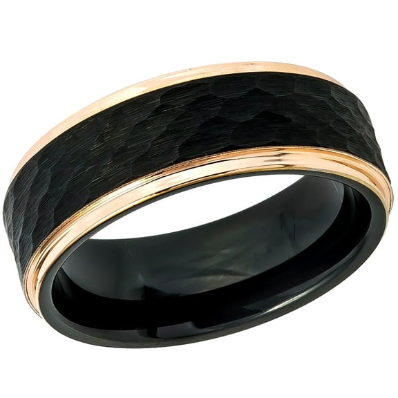 Men's Women's Tungsten Wedding Band Engagement Ring 8mm wo-Tone Black & Rose Gold IP Plated Hammered Center Stepped Edge