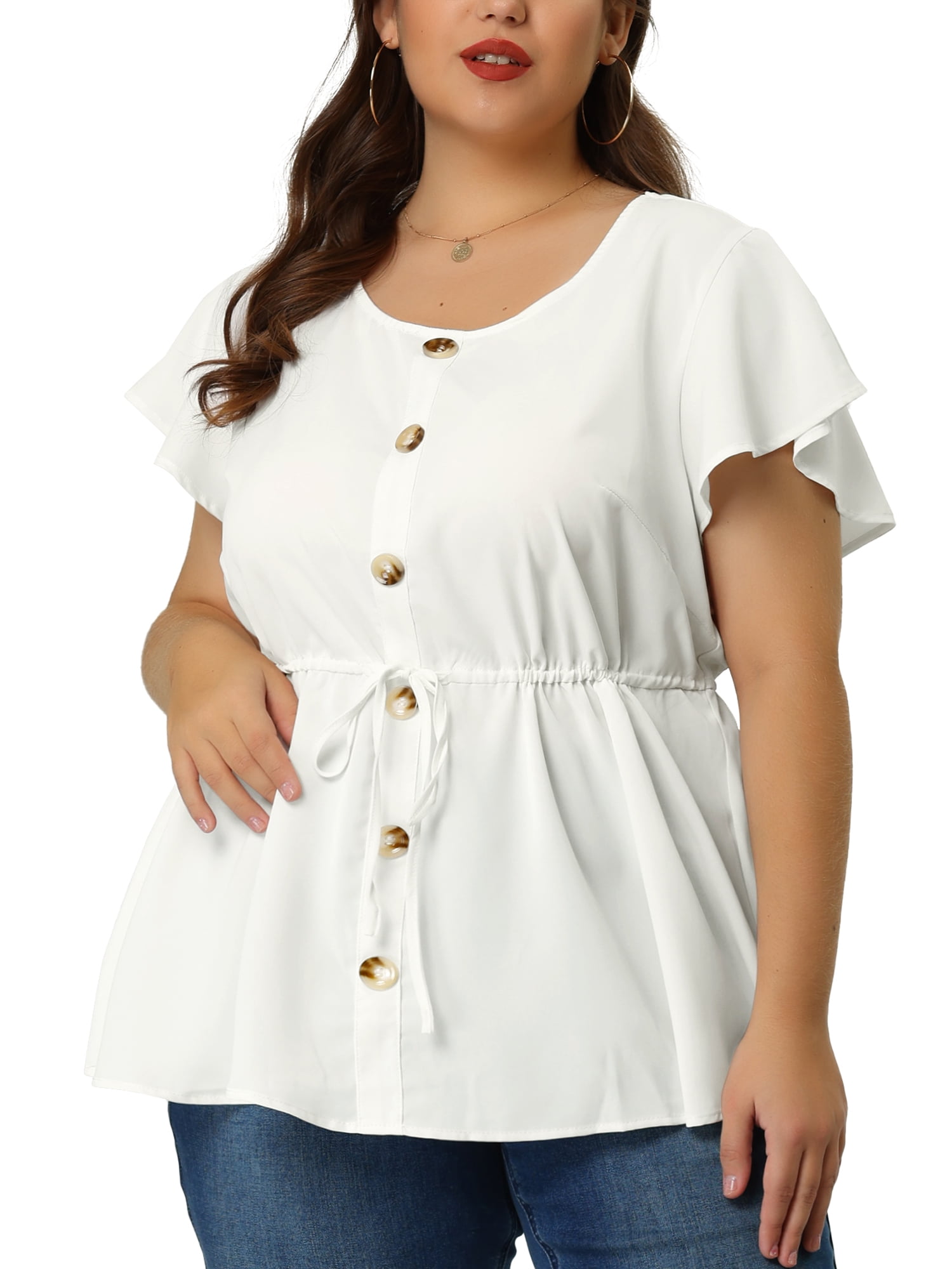 Agnes Orinda Juniors' Plus Blouse Button Decor Drawstring Elastic Back Bell Sleeve Summer Tops