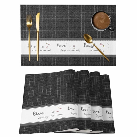 Black Plaid Placemats Set of 4 Vintage Live Love Laugh Star Love Heart Place Mats Indoor Wipeable Table Mats Washable Cloth Dining Table Placemats for Kitchen Holiday Party Home Decor 13x19 Inch