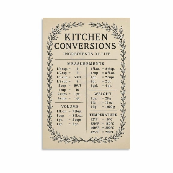 Kitchen Conversions Cheat Sheet Poster (5) Canvas Painting Wall Art Poster for Bedroom Living Room Decor