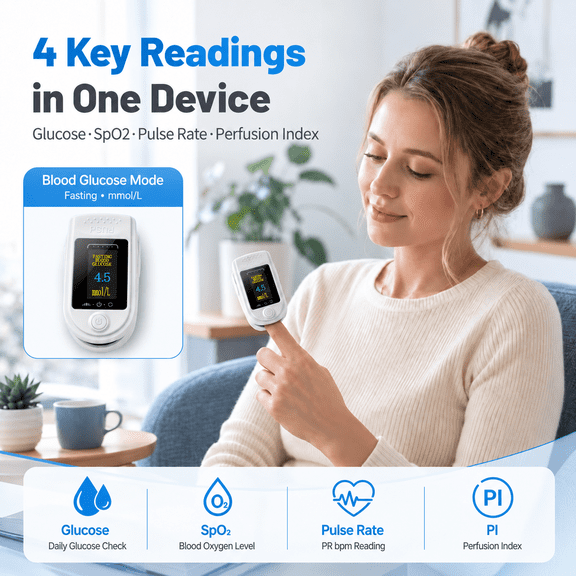 2-in-1 SpO2 Monitor, Portable Digital Pulse Oximeter with Blood Glucose Tracking, Fast 5-Second Reading, One-Button Operation for Daily Health Management
