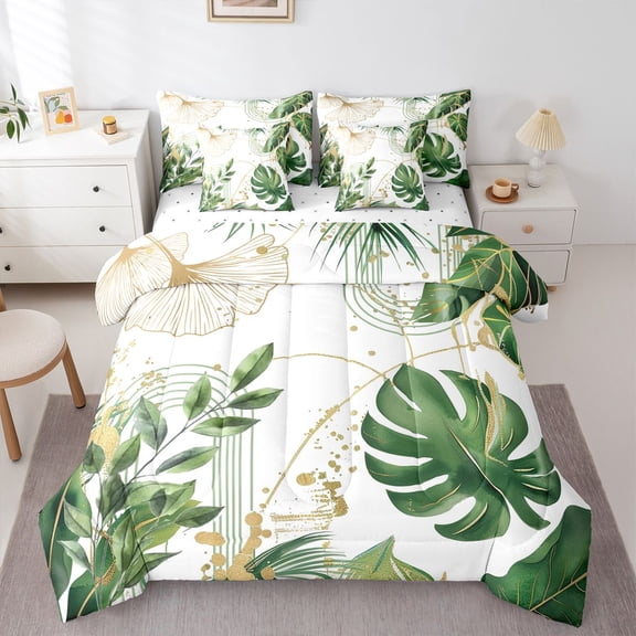 Castle Fairy Tropical Tree Leaves Boy Girl Twin Bedding Sets 7-Piece,Golden Splash Glitter Bedding Comforter Set Microfiber,Botanical Plants Breathable Sheet Sets,Breathable Home Decor,Reversible