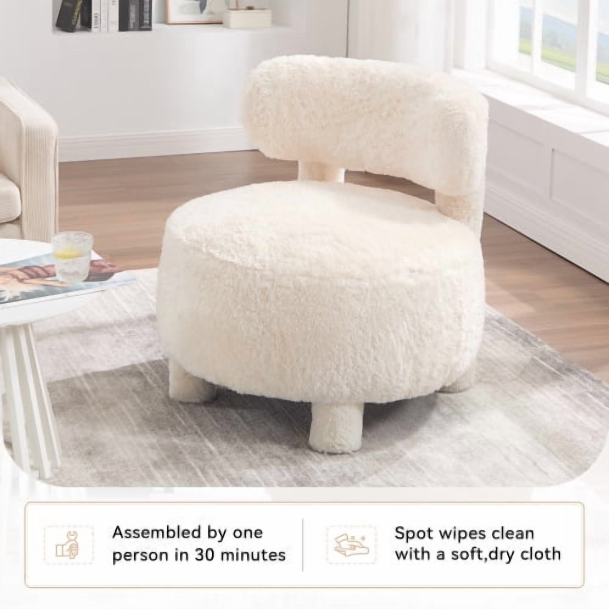 MOONMISS Accent Chair With Curved Backrest And Solid Wood Legs Upholstered Chair Slipper Side Chair For Primary Living Space Bedroom Vanity Room Or Reading Room ,White-Fur