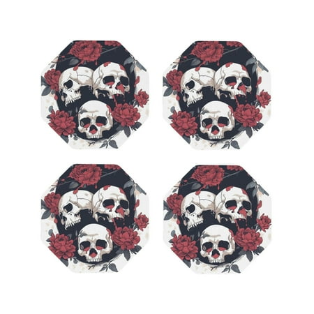 

Honeii Gothic Skulls And Roses Print Leather Coaster Set of 4 Ideal for Safeguarding Your Furniture from Drinks Spills and Effortless Cleanup-Octagon