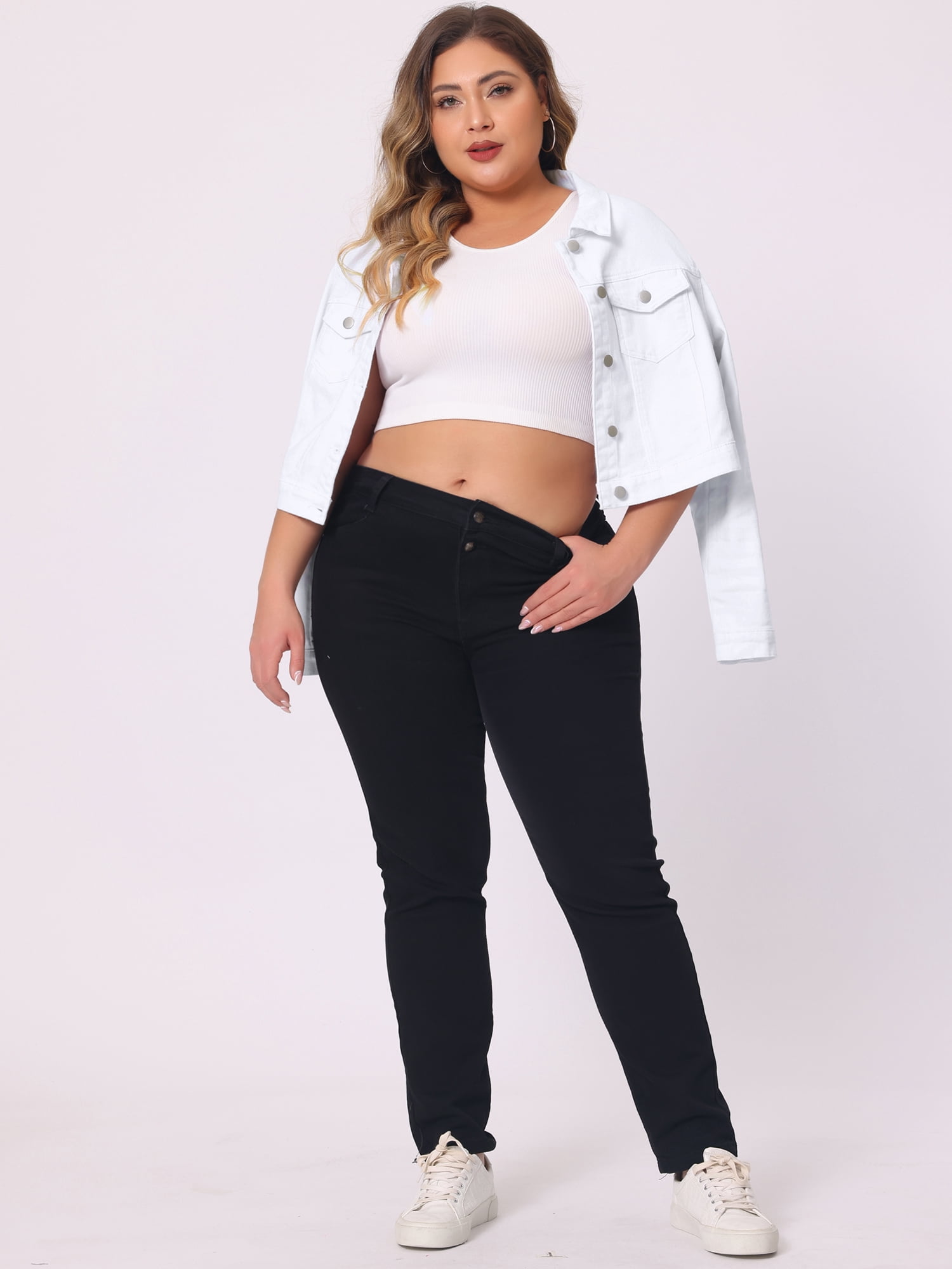 DARING DIVA Women's Plus Button Closed Cropped Denim Jacket 6X White